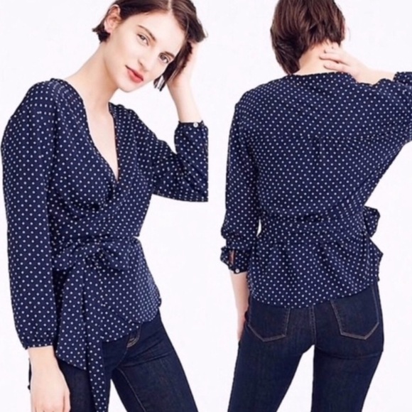 J. Crew Blouse Blue White Foulard Dot Wrap Style Size Medium - Picture 1 of 10